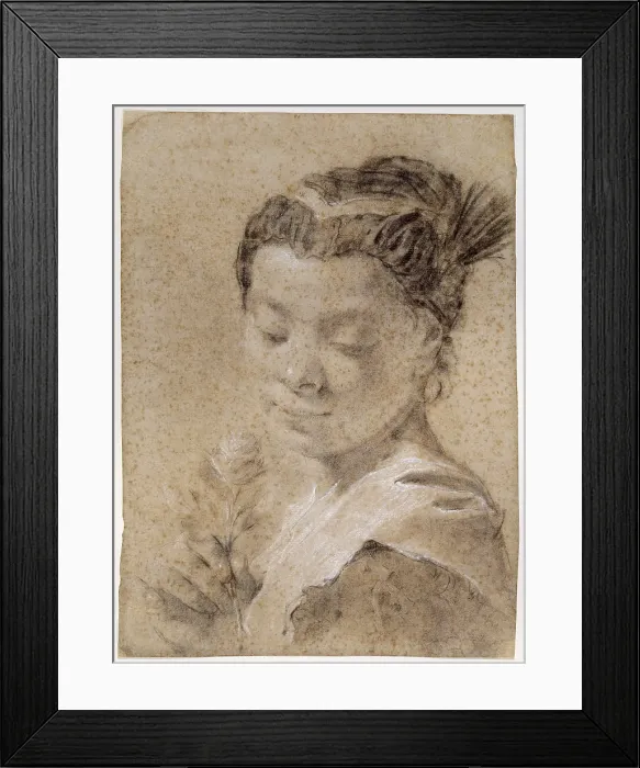 Framed Print : Girl with a Rose, or The Bud, by Giovan Battista Piazzetta, 1740, 18th Century, charcoal and white chalk on blue-gray paper - Italy, Veneto, Venice, Academy Galleries