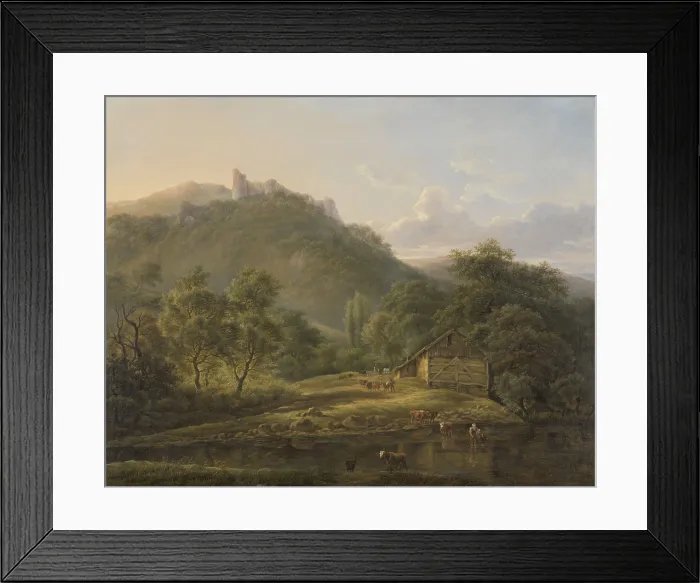 Framed Print : Landscape at the Sambre, by Edouard Delvaux, 1826-28, Belgian, painting, oil on canvas. Woman carry lamb wades through the Sambre River, with a child