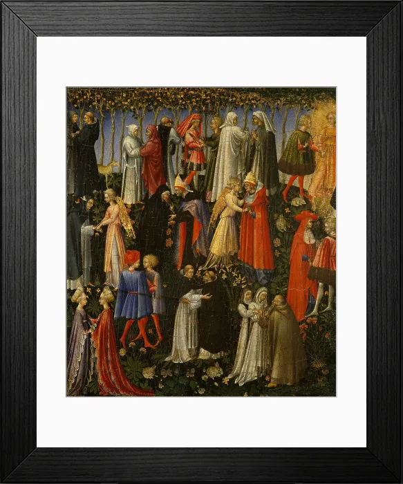 Framed Print : PARADISE, by Giovanni di Paolo, 1445, Italian Renaissance painting, tempera on wood. Saints and Angels embrace in the garden of Paradise