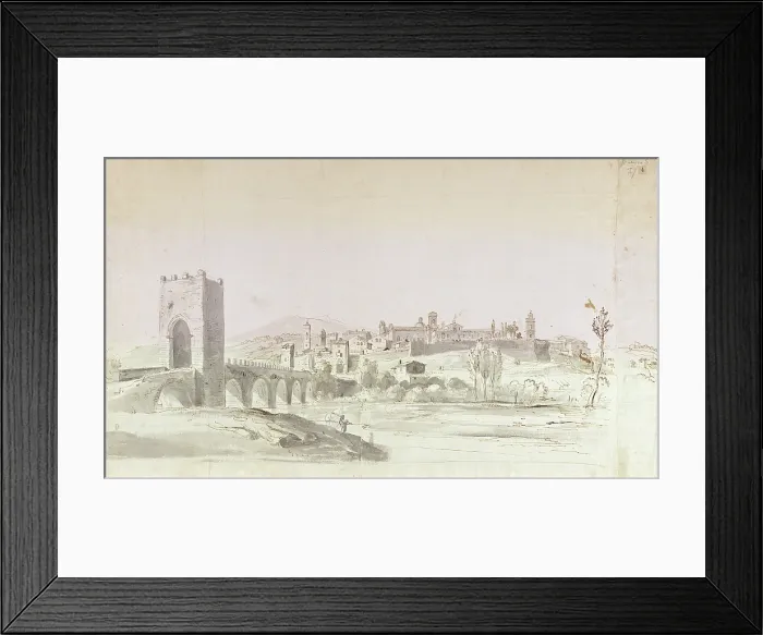 Framed Print : View of a Bridge on a River with a City on the Opposite Bench, by Gaspar Van Wittel said Gaspare Vanvitelli, 17th Century, pen, ink and watercolor on paper - Italy, Lazio, Rome