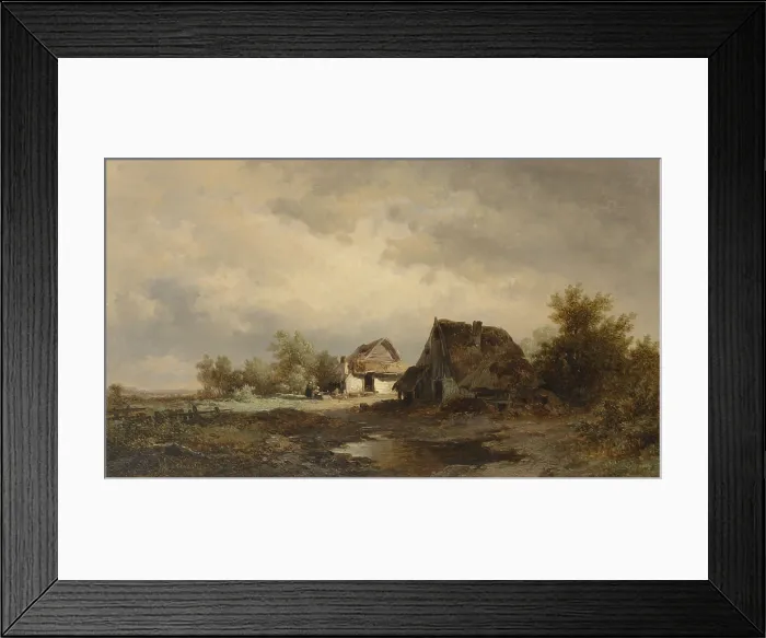 Framed Print : Landscape with Huts on the Heath, by Remigius Adrianus Haanen, c. 1850-80, Dutch painting, oil on canvas. Two weathered cabins on a heath with figures, (BSLOC_2016_1_180) Framed Print : Landscape with Huts on the Heath, by Remigius Adrianus Haanen, c. 1850-80, Dutch painting, oil on canvas. Two weathered cabins on a heath with figures, (BSLOC_2016_1_180)