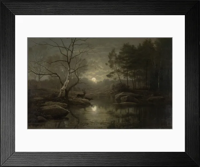 Framed Print : Forest Landscape in the Moonlight, by Georg Eduard Otto Saal, 1861, Dutch painting, oil on canvas. Autumn night scene with deer at stream. (BSLOC_2016_1_181)