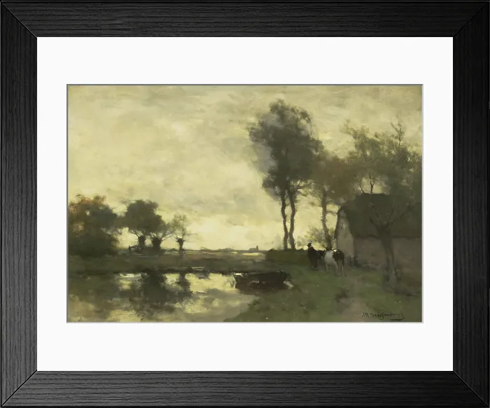 Framed Print : Landscape with Farm with a Pond, by Johan Hendrik Weissenbruch, 1870-1903, Dutch oil painting on canvas. A farmer leads a cow beside pond with row boat. (BSLOC_2016_1_189) Framed Print : Landscape with Farm with a Pond, by Johan Hendrik Weissenbruch, 1870-1903, Dutch oil painting on canvas. A farmer leads a cow beside pond with row boat. (BSLOC_2016_1_189)