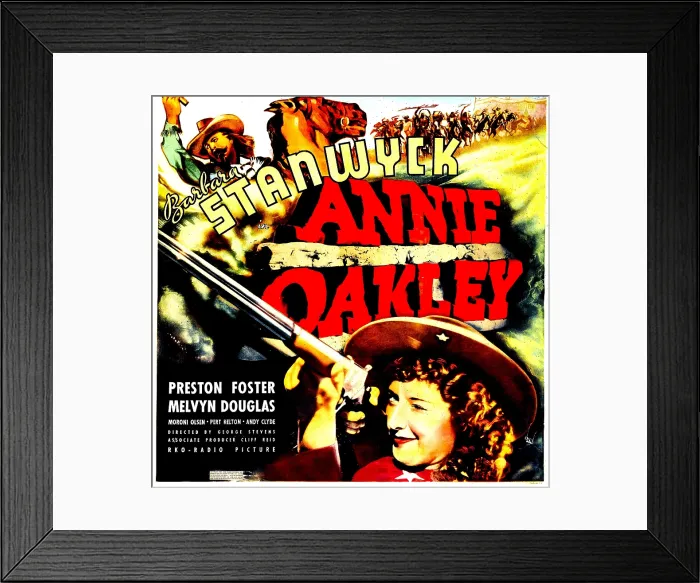 Framed Print : ANNIE OAKLEY, top: Moroni Olsen, bottom: Barbara Stanwyck on jumbo window card, 1935