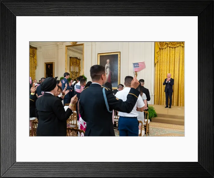 Framed Print : President Biden speaks at a naturalization ceremony of essential workers and military service members, July 2, 2021, in the White House East Room (BSLOC_2021_11_37)