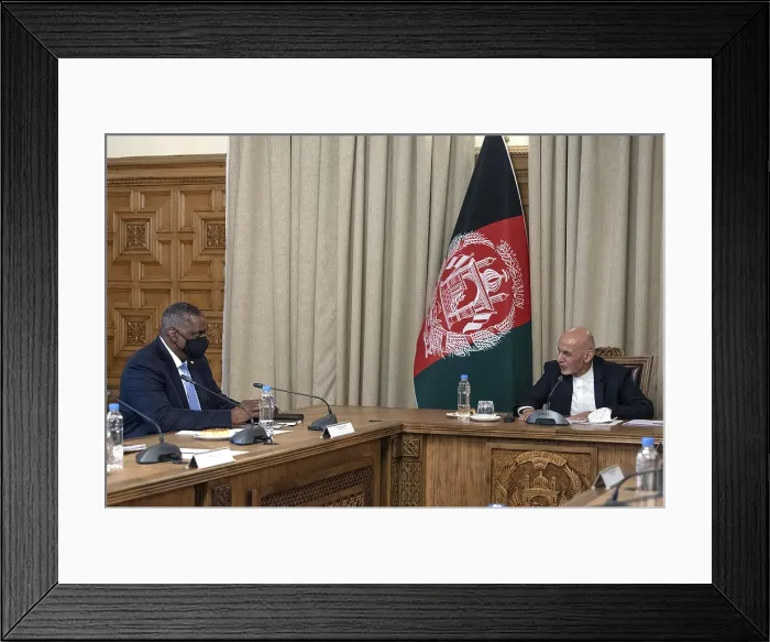 Framed Print : Secretary of Defense Lloyd Austin meets with Afghan President Ashraf Ghani in Kabul, Afghanistan, March 21, 2021