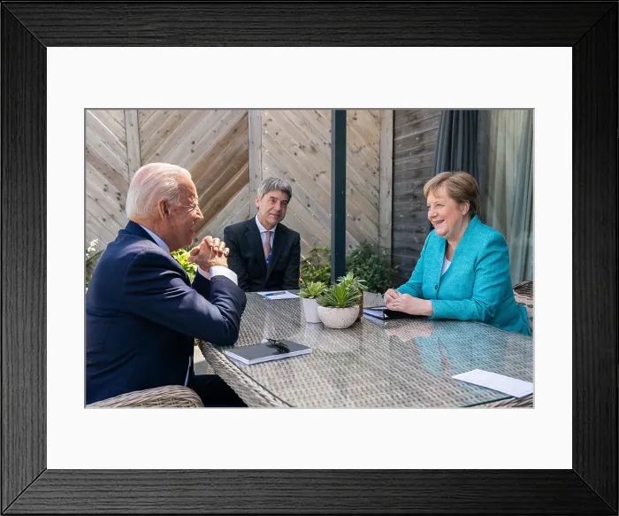 Framed Print : President Joe Biden holds a brief pull-aside meeting with German Chancellor Angela Markel at the G7 Summit, June 11, 2021 Framed Print : President Joe Biden holds a brief pull-aside meeting with German Chancellor Angela Markel at the G7 Summit, June 11, 2021
