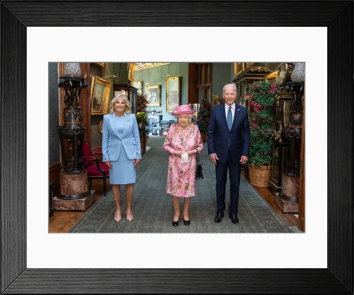 Framed Print : President Joe Biden and First Lady Jill Biden pose for an official photo with Queen Elizabeth II in the Grand Corridor of Windsor Castle, June 13, 2021 (BSLOC_2021_11_26)