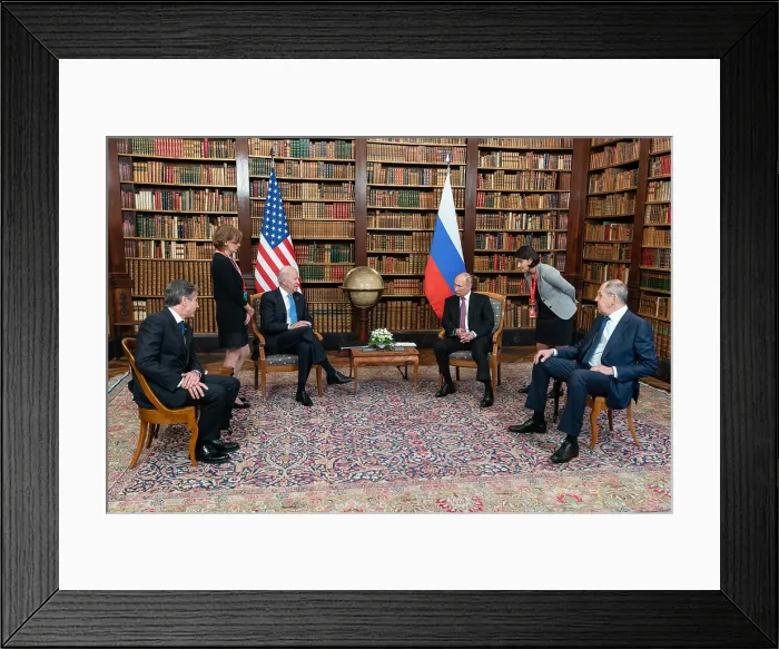 Framed Print : President Joe Biden and Russian President Vladimir Putin during the US-Russia Summit on June 16, 2021, Geneva, Switzerland