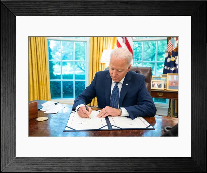 Framed Print : President Biden signing a new law providing funds to a whistleblower award program of the Commodity Futures Trading Commission, July 6, 2021
