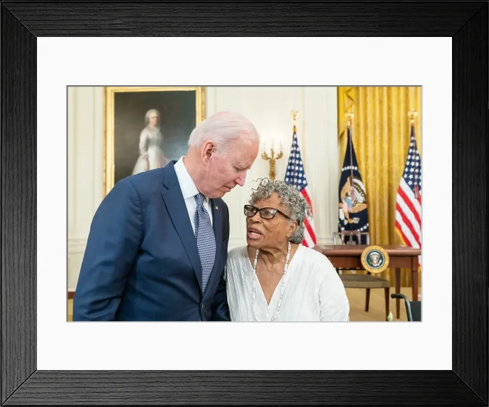 Framed Print : President Joe Biden talks with Opal Lee, the 94-year-old Texan activist who campaigned to make the commemoration of Juneteenth, June 17, 1865, a national holiday