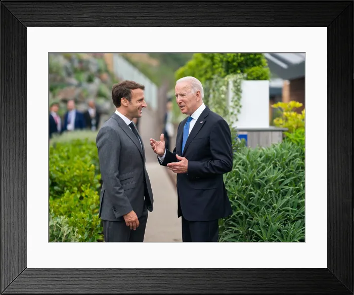Framed Print : President Joe Biden and French President Emmanuel Macron talk prior to the first session of the G7 Summit, June 11, 2021 (BSLOC_2021_11_20) Framed Print : President Joe Biden and French President Emmanuel Macron talk prior to the first session of the G7 Summit, June 11, 2021 (BSLOC_2021_11_20)