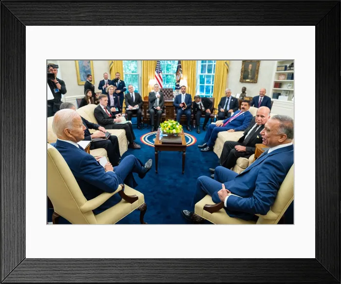 Framed Print : President Joe Biden hosts an expanded bilateral Oval Office meeting with Iraqi Prime Minister, Mustafa Al-Kadhimi, July 26, 2021