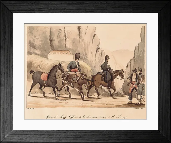 Framed Print : Spain. First Carlist War. Spanish officer and his servant going to the war, 1835. Illustration of 'Album of Carlist Troops of Aragon'. Litography. Private Collection