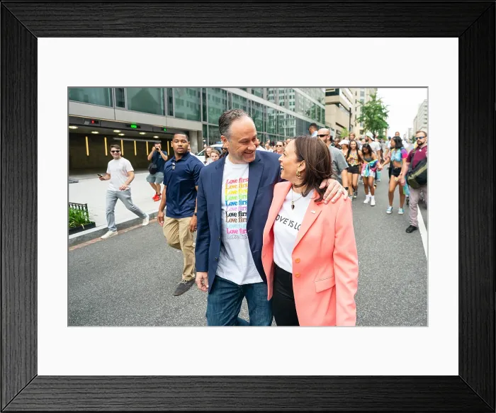 Framed Print : Vice President Kamala Harris and Second Gentleman Douglas Emhoff march in the Capital Pride Walk and Rally, Washington, DC, June 12, 2021 (BSLOC_2021_11_32)