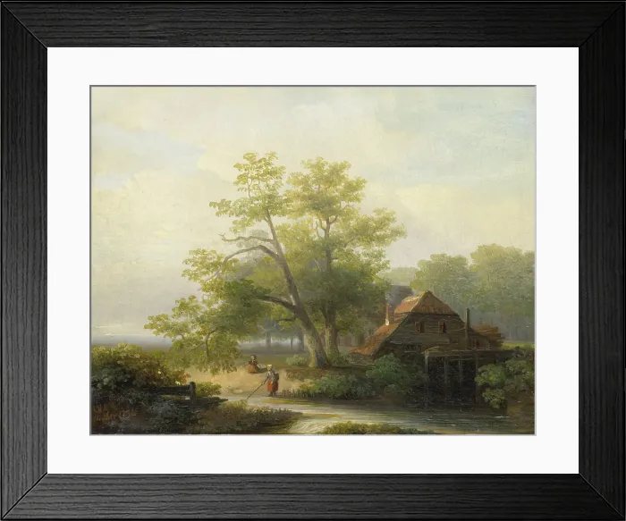 Framed Print : A Watermill in a Woody Landscape, by Lodewijk Hendrik Arends, 1854, Dutch oil painting on panel. One girl fishes in the stream as another sits nearby. (BSLOC_2016_1_200)