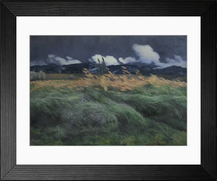 Framed Print : Landscape, by Louis Patru, 1895-1905, Swiss painting, oil on canvas. Landscape with windblown grass and grain with a low mountain range in the distance. (BSLOC_2016_1_201) Framed Print : Landscape, by Louis Patru, 1895-1905, Swiss painting, oil on canvas. Landscape with windblown grass and grain with a low mountain range in the distance. (BSLOC_2016_1_201)