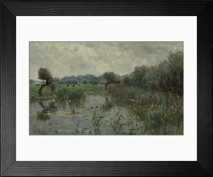 Framed Print : Water Meadows on the River IJssel, by Willem Roelofs 1st, 1870-97, Dutch painting, oil on canvas. Manmade lake with ducks and reeds in the floodplains of the River Ijssel