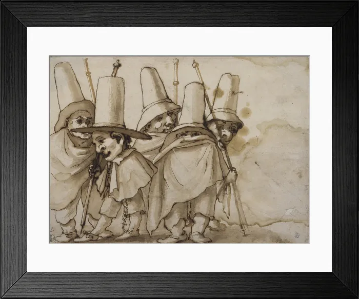 Framed Print : Caricatures of pilgrims, by Baccio Del Bianco, 1623 - 1650, 17th century, drawing with pen, brown watercolor, black pencil on white paper - Italy, Tuscany, Florence