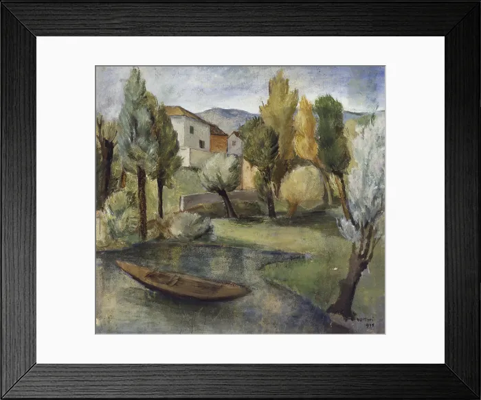 Framed Print : Landscape with a Ship, by Luigi Vettori, 1935, 20th Century, mixed technique on board - Italy, Friuli Venezia Giulia, Pordenone, Civic Museum. Whole artwork view