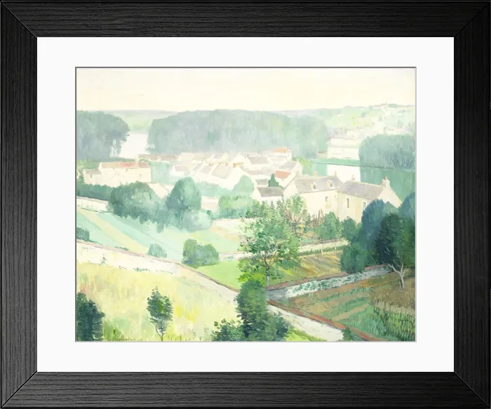 Framed Print : The Village of Sannois, by Gerrit van Blaaderen, 1910-14, Dutch painting, oil on canvas. View of town from elevated position, showing gardens, house, trees on a river