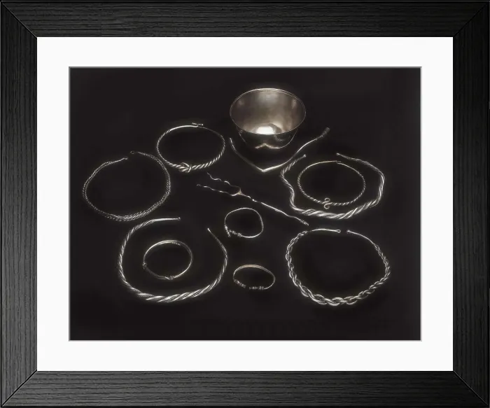 Framed Print : Mengibar Treasure. 2nd-1st c. BC. There are 6 torcs, 4 bracelets, 1 carving fork and 1 vase. Iberian art. Jewelry. SPAIN. Madrid. National Museum of Archaeology. Proc: SPAIN