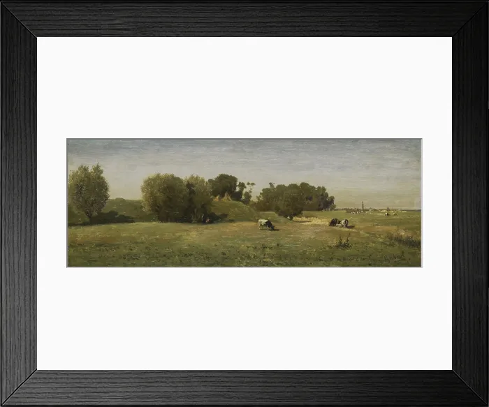 Framed Print : Landscape near Abcoude, Paul Joseph Constantin Gabriel, 1860-70, Dutch painting, oil on panel. Cows in pasture near ancient ramparts with church spire in distant village
