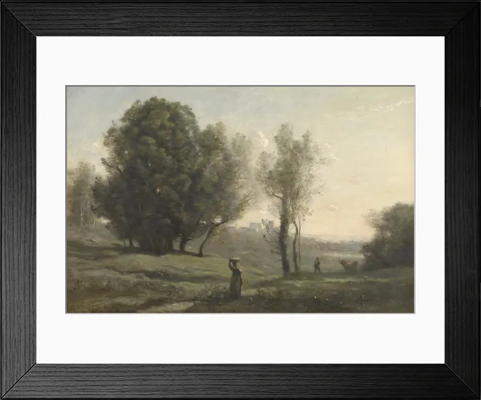 Framed Print : Landscape, by Camille Corot, c. 1872, French painting, oil on canvas. Scene in Les Landes, south of Bordeaux, France. Peasant walks in foreground toward a distant city