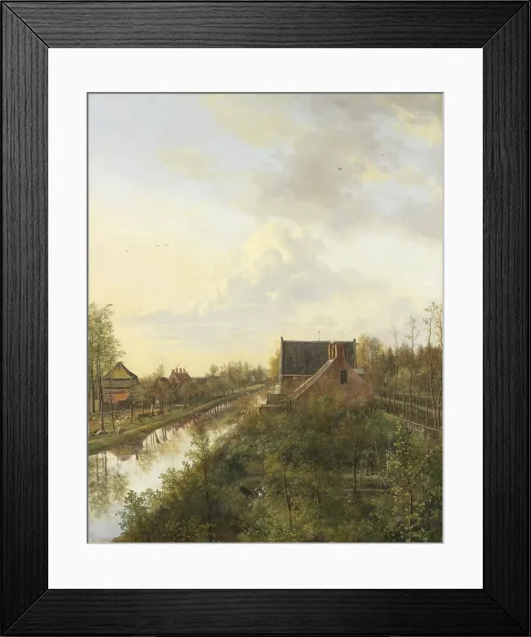 Framed Print : The Canal at s-Graveland, by Pieter Gerardus van Os, 1818, Dutch painting, oil on canvas. Van Os painted this scene from a window in a multi-storied tall building