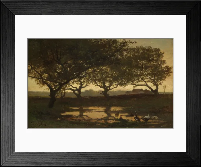 Framed Print : Woodland Pond at Sunset, by Gerard Bilders, c. 1862, Dutch painting, oil on panel. Trees at sunset in the vicinity of Lochem, Gelderland province. (BSLOC_2016_1_194)