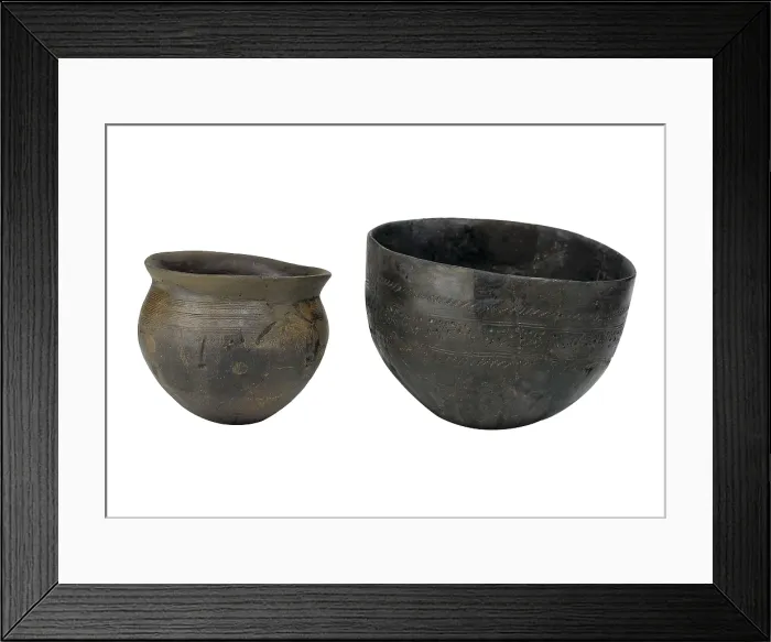 Framed Print : Vase and bowl (4th c. BC) of the Vettones. Celtic art. Ceramics. SPAIN. Madrid. National Museum of Archaeology. Proc: SPAIN. CASTILE AND LEON. Chamartn de la Sierra