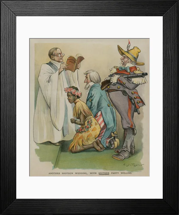 Framed Print : ANOTHER SHOTGUN MARRIAGE, WITH NEITHER PARTY WILLING, PUCK Magazine cartoon of Dec. 1, 1897