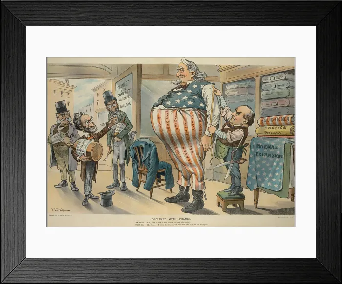 Framed Print : DECLINED WITH THANKS, political cartoon with Pres. McKinley measured by Uncle Sam for new and bigger clothes