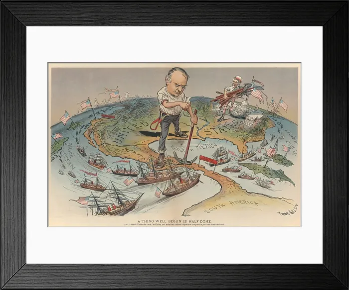 Framed Print : A THING WELL BEGUN IS HALF DONE, JUDGE Magazine political cartoon, Oct. 7, 1899
