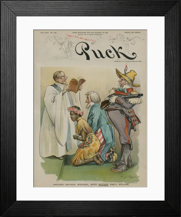 Framed Print : ANOTHER SHOTGUN MARRIAGE, WITH NEITHER PARTY WILLING, PUCK Magazine cartoon of Dec. 1, 1897 Framed Print : ANOTHER SHOTGUN MARRIAGE, WITH NEITHER PARTY WILLING, PUCK Magazine cartoon of Dec. 1, 1897