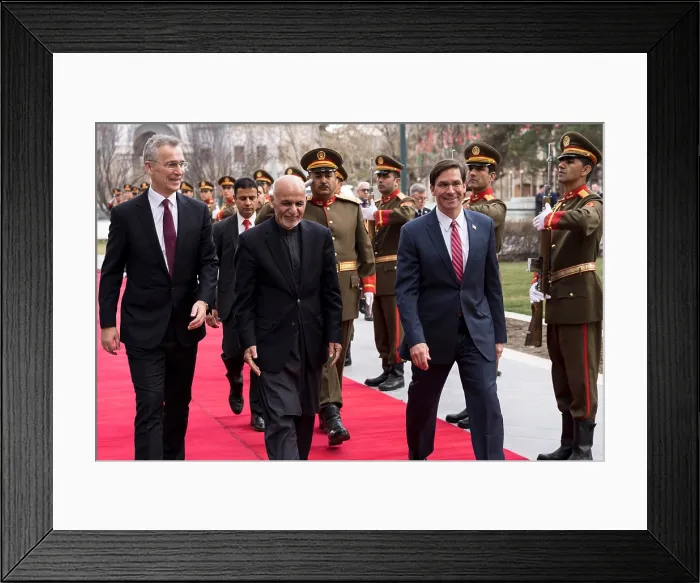 Framed Print : NATO Secretary General Jens Stoltenberg, Afghan President Ashraf Ghani, and US Defense Secretary Mark Esper in Kabul, Afghanistan, Feb. 29, 2020 Framed Print : NATO Secretary General Jens Stoltenberg, Afghan President Ashraf Ghani, and US Defense Secretary Mark Esper in Kabul, Afghanistan, Feb. 29, 2020