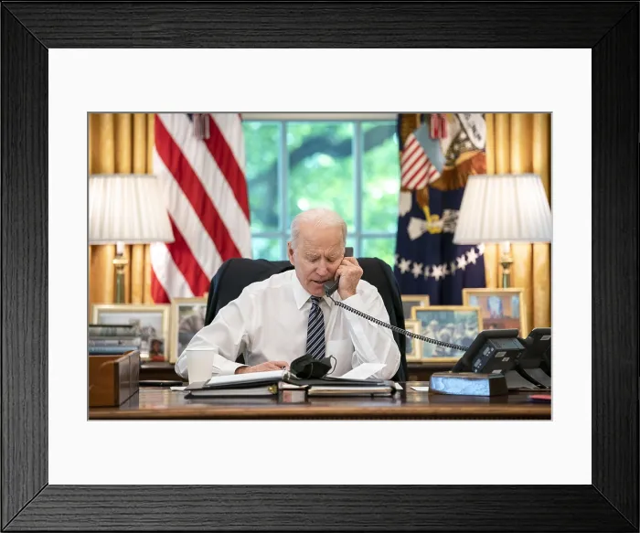 Framed Print : President Joe Biden speaks on the phone with Israeli Prime Minister Benjamin Netanyahu on May 12, 2021