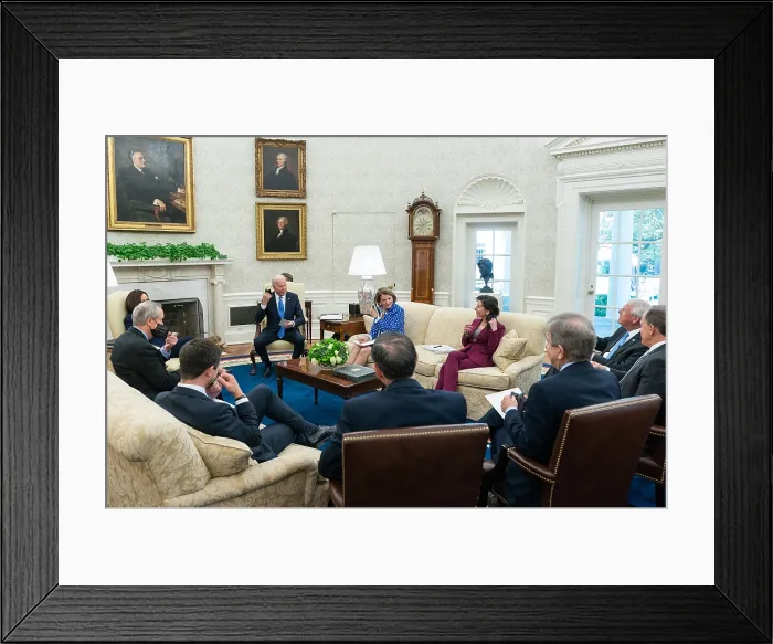 Framed Print : President Joe Biden, Vice President Kamala Harris, Transportation Secretary, Pete Buttigieg, Commerce Secretary, Gina Raimondo Framed Print : President Joe Biden, Vice President Kamala Harris, Transportation Secretary, Pete Buttigieg, Commerce Secretary, Gina Raimondo