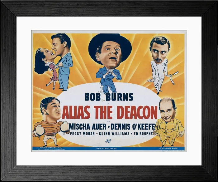 Framed Print : ALIAS THE DEACON, US lobbycard, clockwise from center: Bob Burns, Mischa Auer, Ed Brophy, Guinn Williams, Peggy Moran, Dennis O'Keefe, 1940