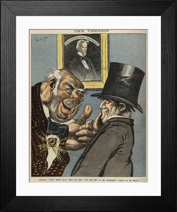 Framed Print : Cartoon shows Marcus Alonzo Hanna, with dollar signs and diamond stickpin, telling a top-hatted man resembling future President William McKinley