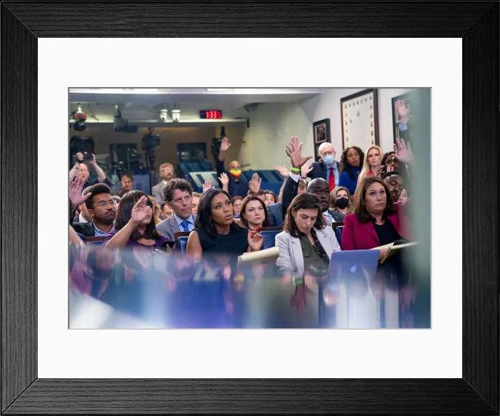 Framed Print : Reporters raise their hands during a press briefing by Press Secretary Jen Psaki, July 16, 2021 Framed Print : Reporters raise their hands during a press briefing by Press Secretary Jen Psaki, July 16, 2021