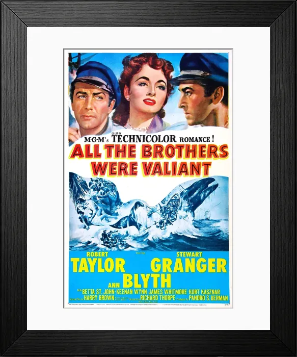 Framed Print : ALL THE BROTHERS WERE VALIANT, US poster, from left: Robert Taylor, Ann Blyth, Stewart Granger, 1953