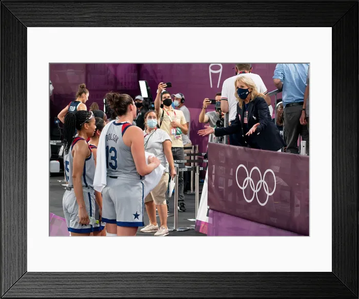 Framed Print : Summer Olympics in Tokyo, First Lady Jill Biden talks with the Gold Medal winning US 3X3 Women's Basketball team, July 24, 2021 (BSLOC_2021_14_18)