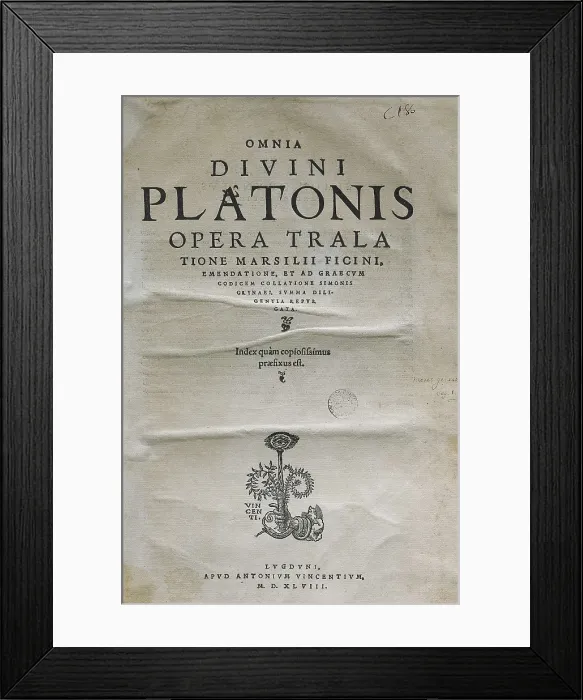 Framed Print : FICINO, Marsilio (1433-1499); PLATO (428-348 BC). Title page of an edition of Plato's works 'Omnia Divina Platonis Opera', translated by Marsilio Ficino, and published in 1548. SPAIN