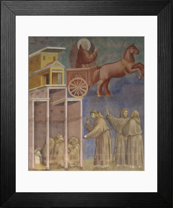 Framed Print : Apparition of St. Francis in a chariot of fire, by Giotto, 1297 - 1299, 13th Century, fresco, 230 x 270 cm - Italy, Umbria, Assisi, Papal Basilica of San Francesco, Upper Church Framed Print : Apparition of St. Francis in a chariot of fire, by Giotto, 1297 - 1299, 13th Century, fresco, 230 x 270 cm - Italy, Umbria, Assisi, Papal Basilica of San Francesco, Upper Church