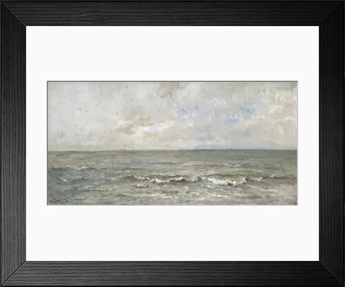 Framed Print : Seascape, by Charles Francois Daubigny, 1876, French painting, oil on canvas. Waves washing ashore with fishing boats in distance. (BSLOC_2016_1_224) Framed Print : Seascape, by Charles Francois Daubigny, 1876, French painting, oil on canvas. Waves washing ashore with fishing boats in distance. (BSLOC_2016_1_224)