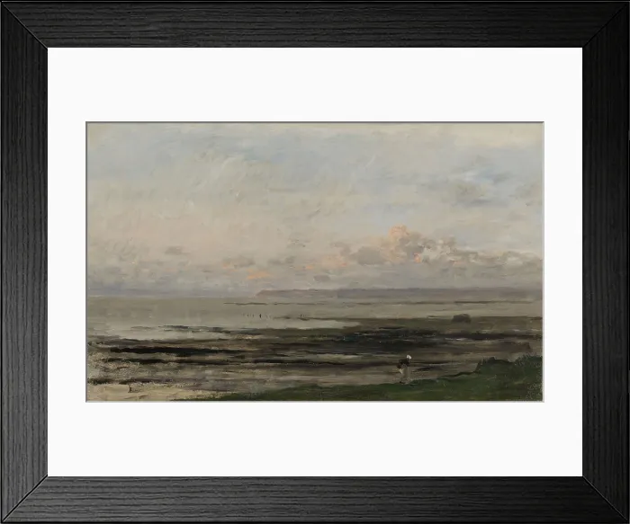 Framed Print : Beach at Ebb Tide, by Charles Francois Daubigny, c. 1850-78, Dutch painting, oil on panel. Seascape in Villerville-sur-Mer in Normandy with a solitary figure. (BSLOC_2016_1_214)