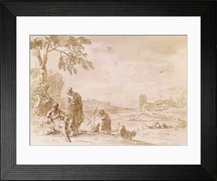 Framed Print : Landscape with Figures, by Sebastiano Ricci, 1729, 18th Century, pen, shaded watercolor on white paper, 1729, 18th - Italy, Veneto, Venice, Academy Gallery. Whole artwork view