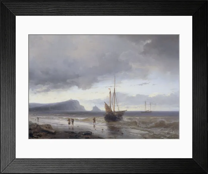 Framed Print : Along the Coast, by Louis Meijer, 1840-50, Dutch painting, oil on panel. Small ship is beached as disembarked fisherman carry off the day's catch. (BSLOC_2016_1_213)