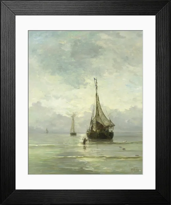 Framed Print : Calm Sea, by Hendrik Willem Mesdag, 1860-1900, Dutch painting, oil on canvas. Fishing boats approaching beach as a wading man carries an anchor. (BSLOC_2016_1_215)